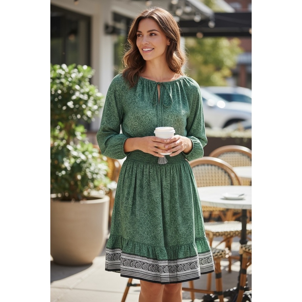 eShakti Green Paisley Smocked Waist Boho Tiered Ruffle Dress Tie Neck Size 4